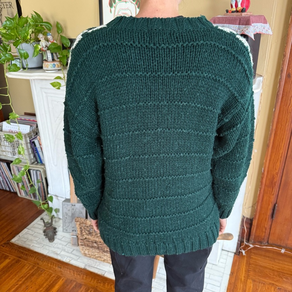 π SOLD π Vintage 80s Chunky Knit Wool Blend Green White Sweater ~ Size M - Picture 3 of 7